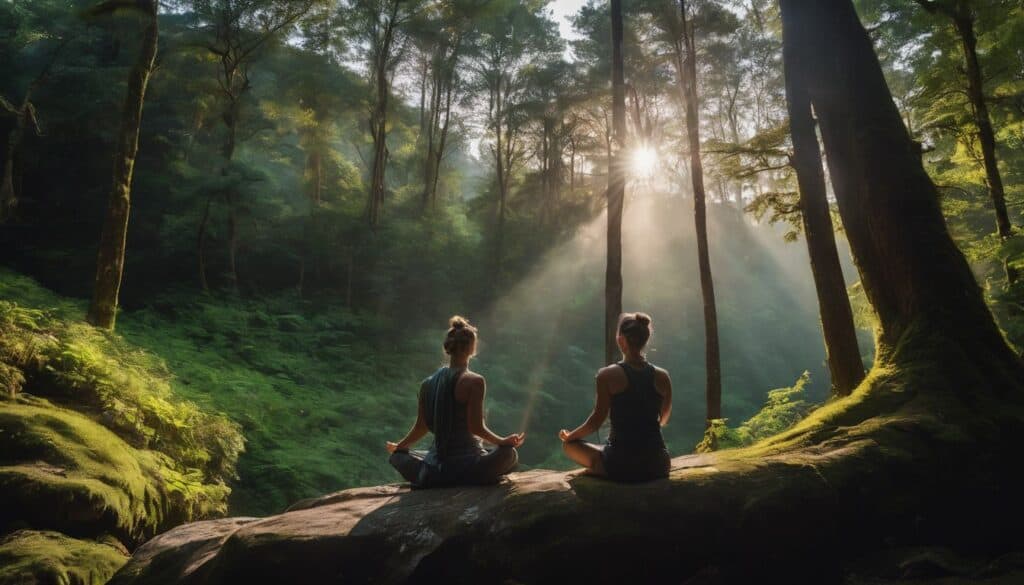 Two friends meditating in the forest together