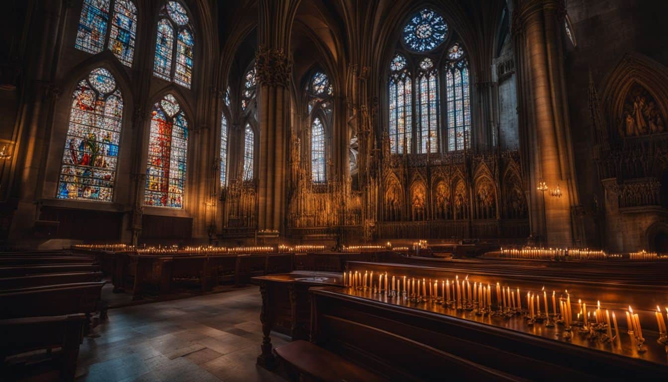 A photo of a medieval cathedral with beams of light shining through stained glass windows depicting religious scenes.