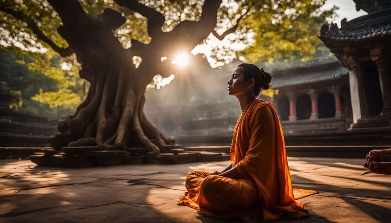 A devotee meditates under a sacred tree in an ancient temple, surrounded by a bustling atmosphere of diverse individuals.