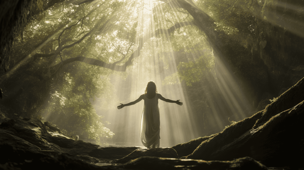 Woman letting go in a forest with her arms spread in the sunlight