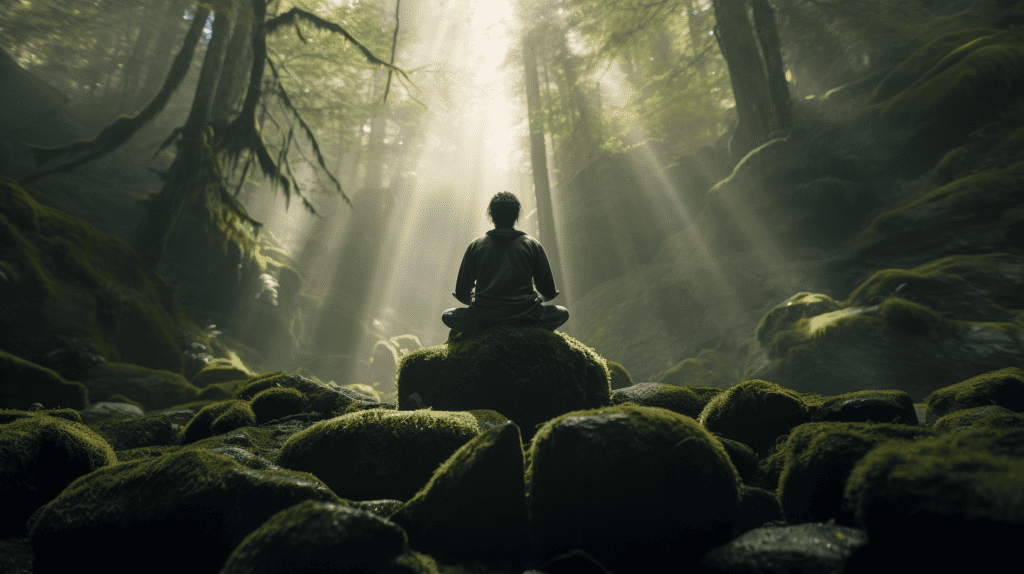 A person is peacefully surrounded by nature in a forest, captured in a well-lit, cinematic photograph.
