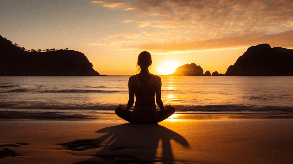 Woman sitting on a beach meditating and reducing stress.