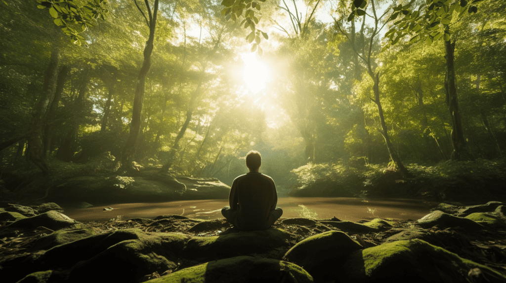 Man meditating in the woods surrounded by sunlight.