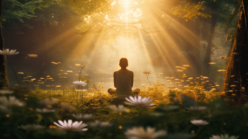 Person meditating in the meadow with sunlight all around