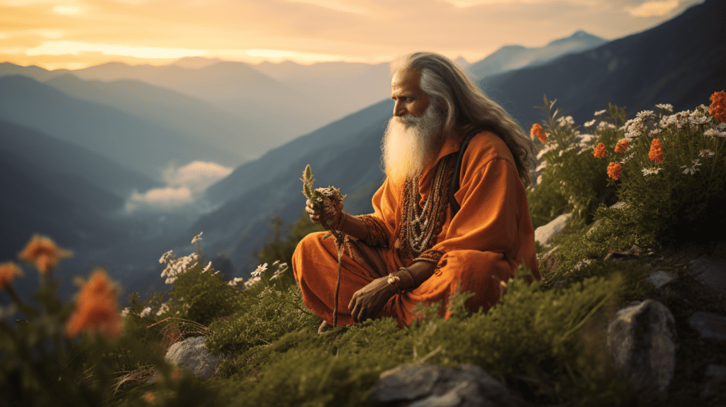 Man on mountain top regularly practicing meditation.