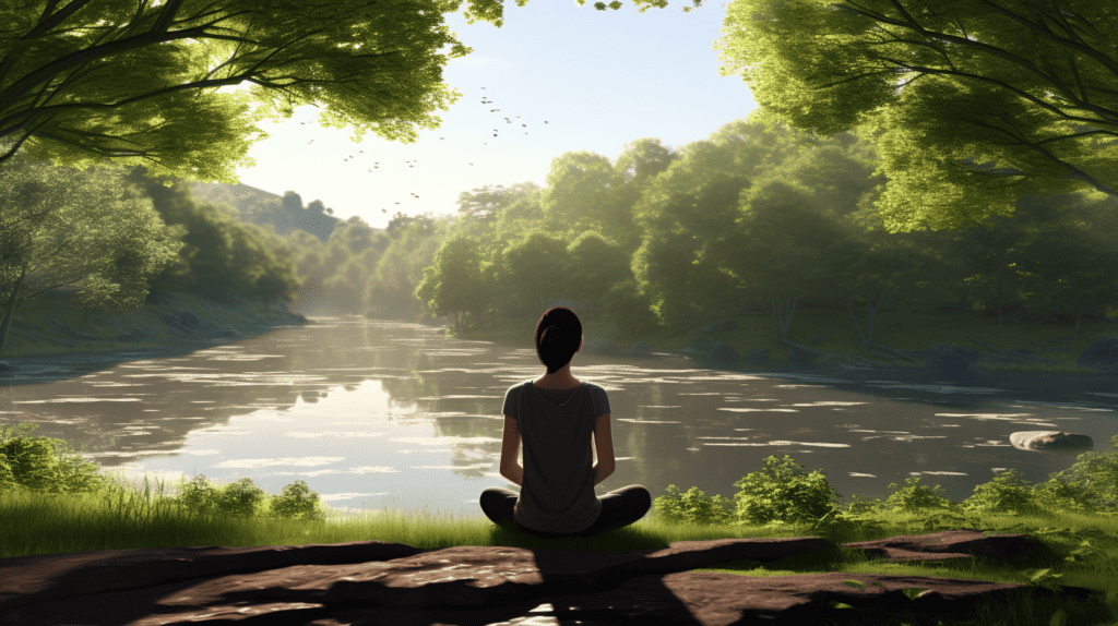 A person meditating on a beautiful lake.