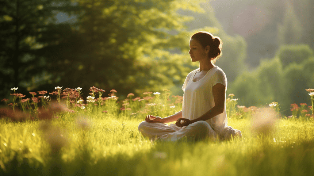 Woman meditating in a meadow for spiritual growth.