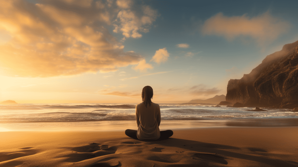 Woman meditating on beach with her legs crossed