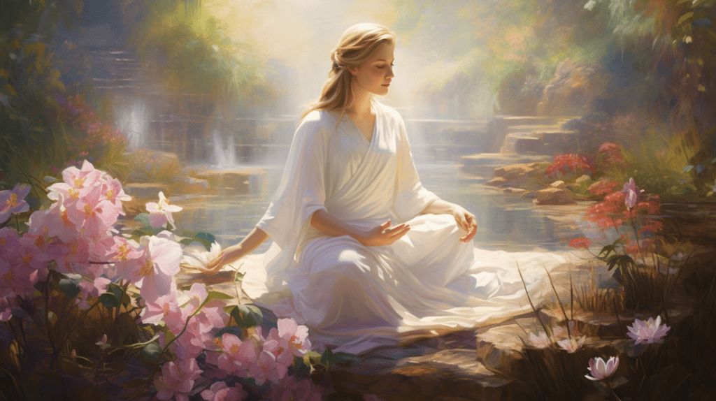 Woman in a white robe meditating by a pond