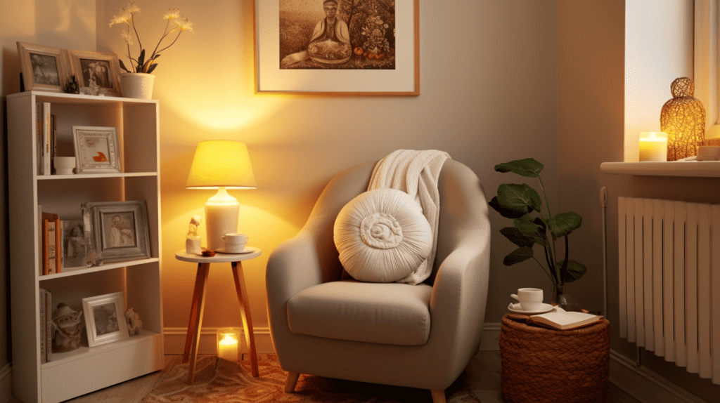 An intimate and cozy meditation corner tucked away in a room