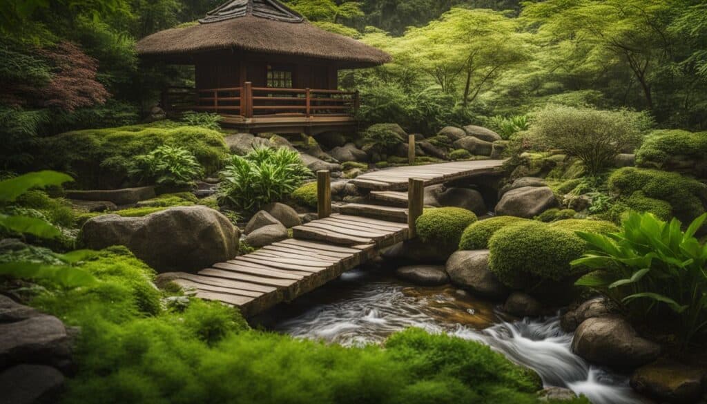 A vibrant Zen garden with rocks, a bridge, and lush green plants