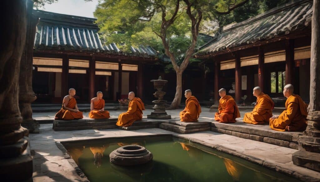 A group of monks meditating at a temple