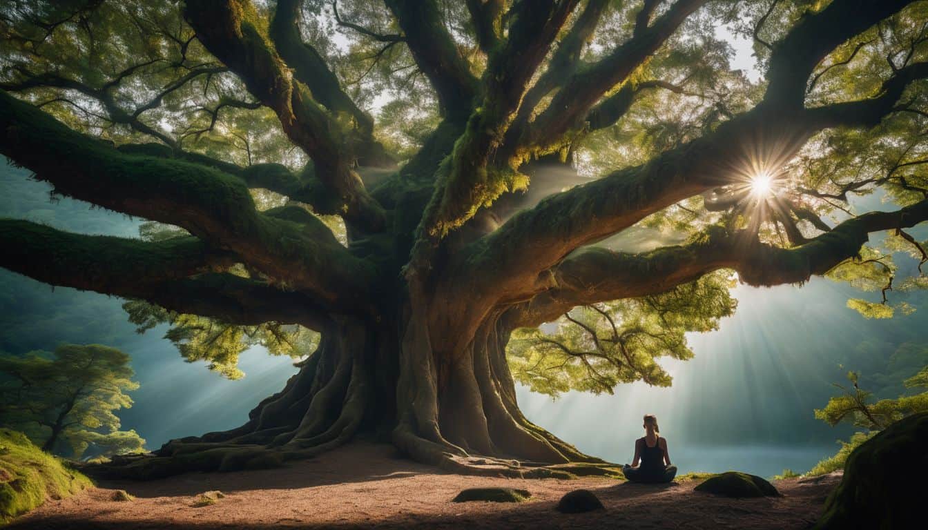 Essence of Spirituality. Person meditation in front of a large tree.