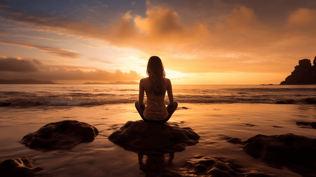 Woman meditating at the beach at sunset