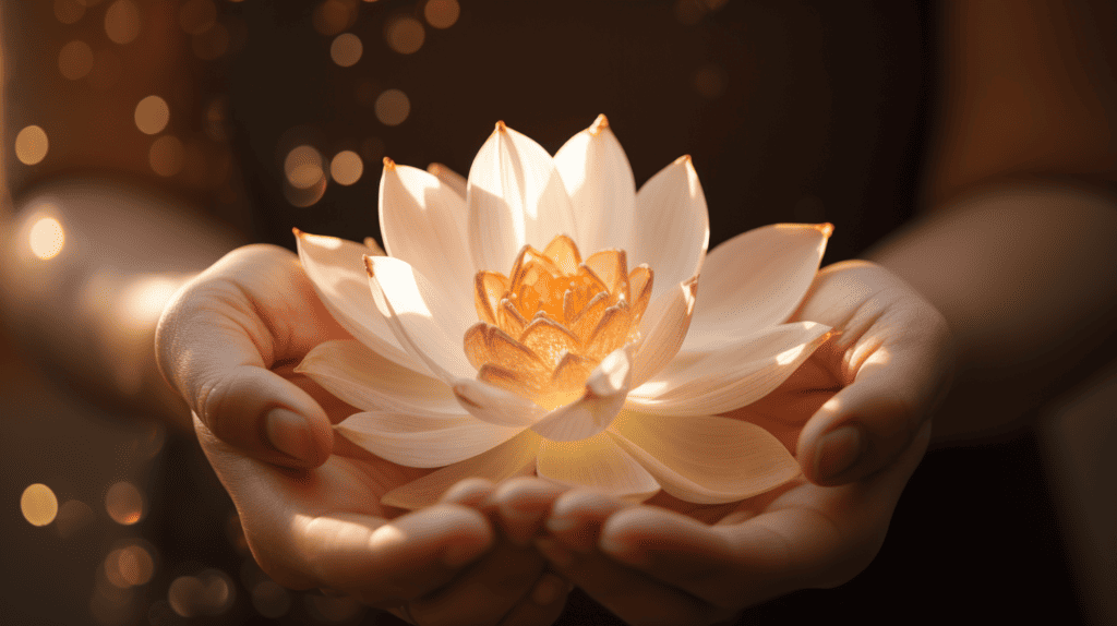 The profound connection between spirituality.  Person holding a beautiful flower.