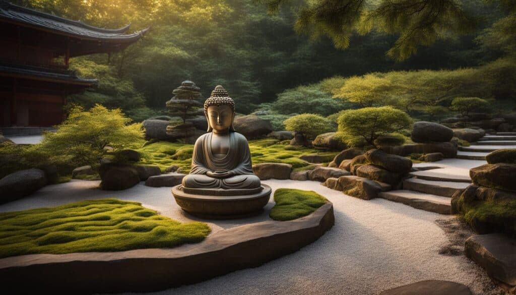 A zen garden for meditation with a statue in the middle.
