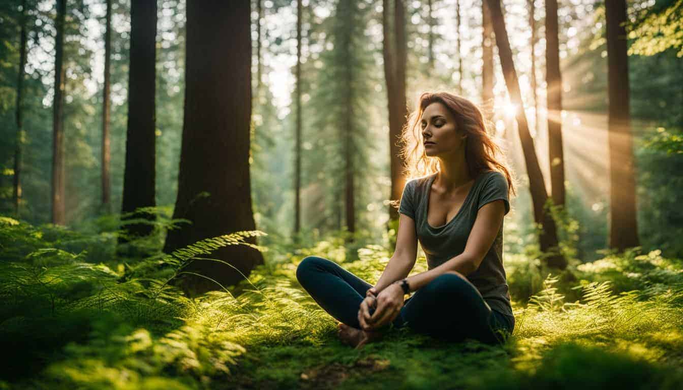 A person enjoying the tranquility of a lush forest surrounded by sunlight and nature's beauty.
