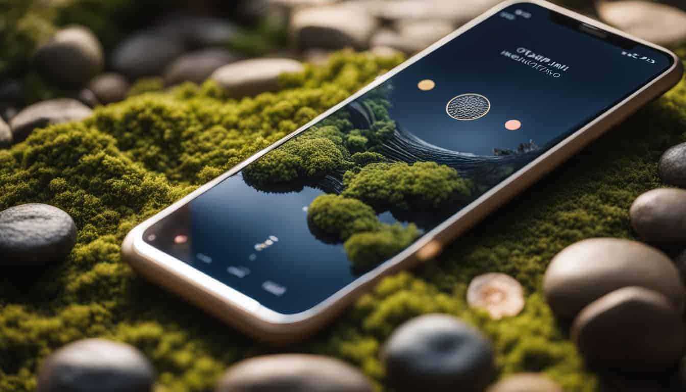 A smartphone displays a meditation app surrounded by various images and photography-related items.