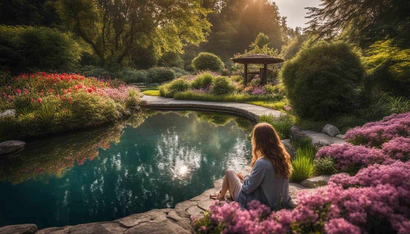 A serene garden with blooming flowers, a small pond, and diverse people enjoying nature.