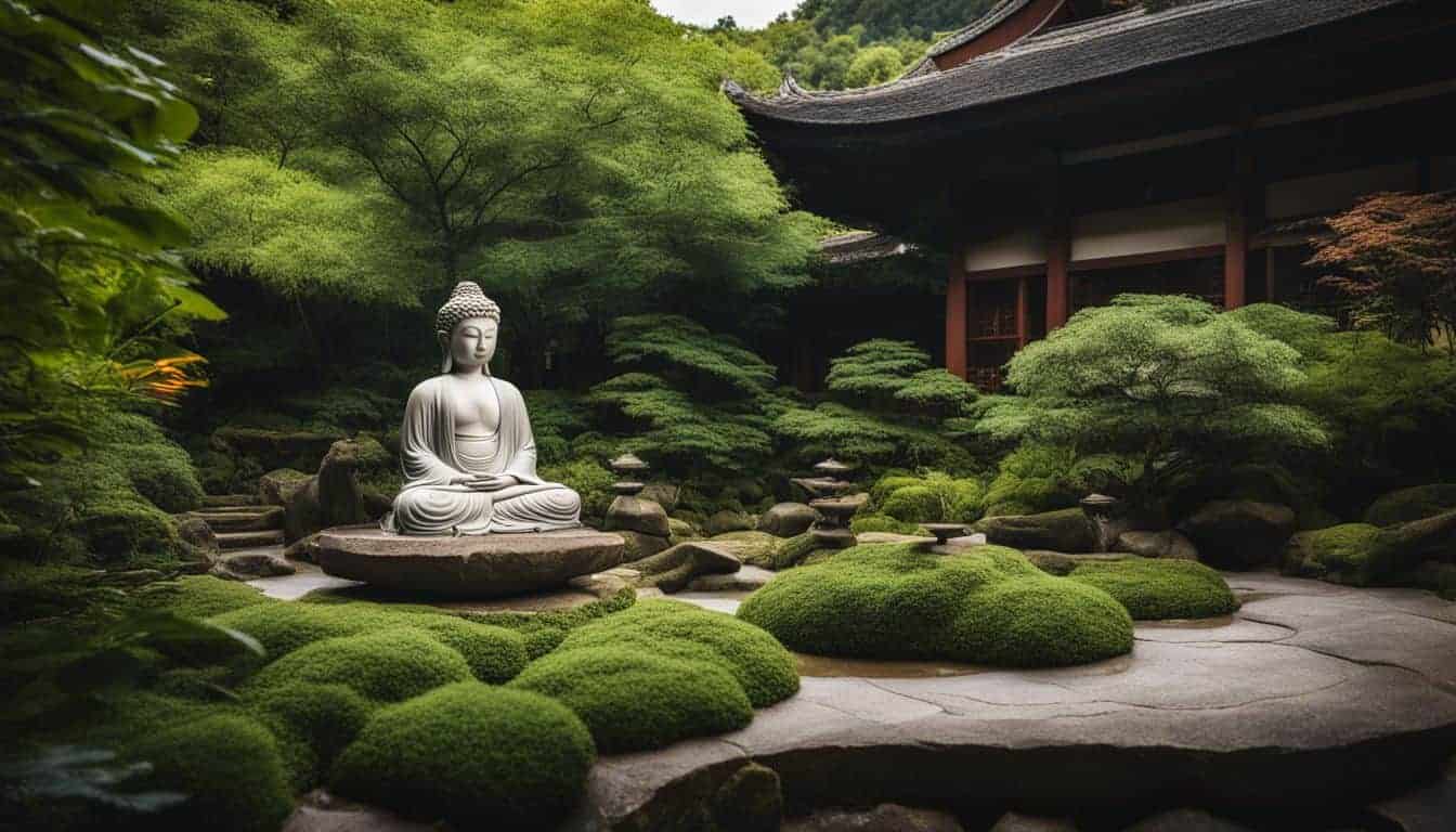 A tranquil Zen garden featuring a Buddha statue surrounded by abundant greenery and diverse individuals.
