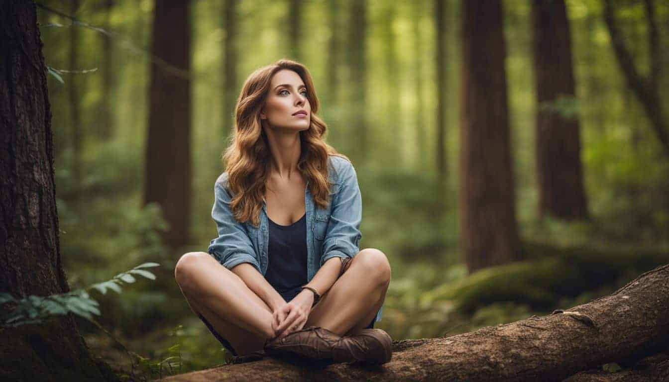A woman peacefully sits in a serene forest surrounded by trees, capturing the beauty of nature with her camera.