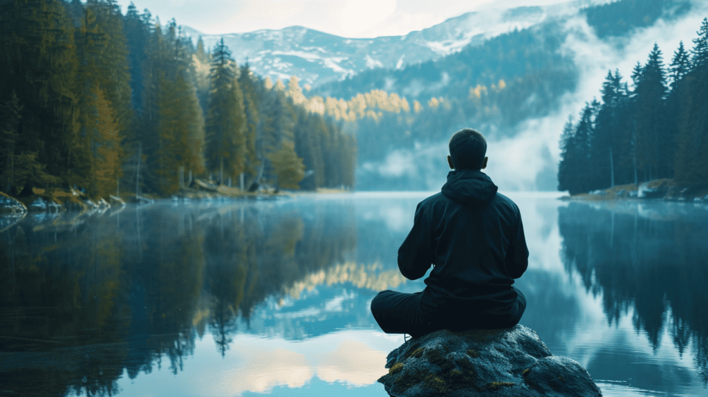 A person meditating on a mountaintop surrounded by nature, captured with professional-grade camera equipment.