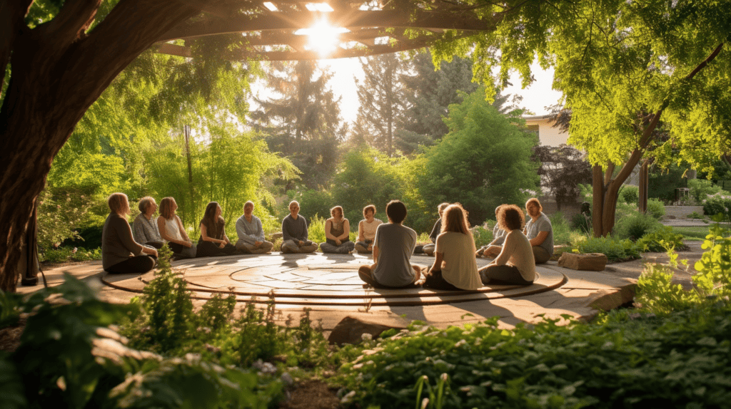 Circle of meditators gathering in an outdoor area.