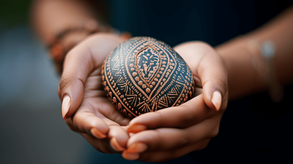 A person holding a beautifully decorated stone.