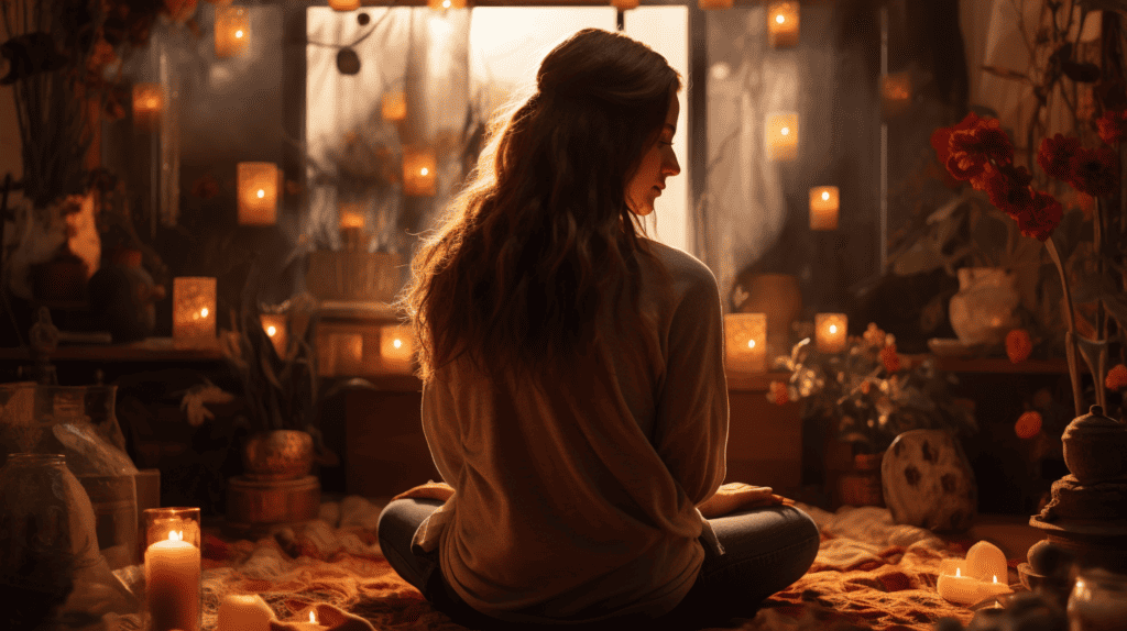 Woman meditating on the floor with soft candles around her.