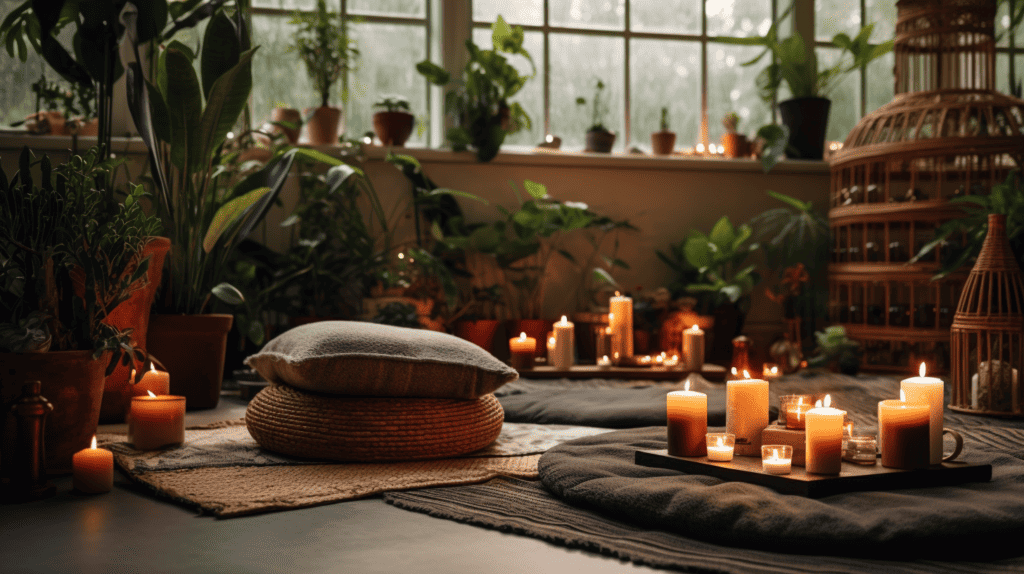 Meditation space with candles on the floor.