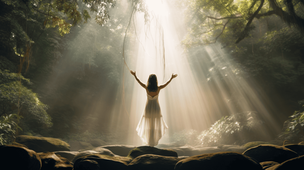 Woman with her arms in the air inside a jungle having a spiritual experience.