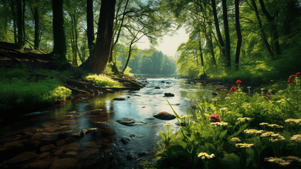 Peaceful meditation scene with a small river going down a forest.