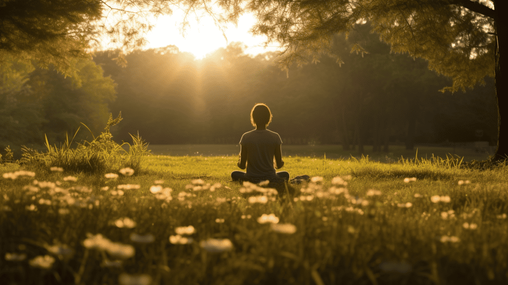 Person meditating outside in a meadow to release past hurts.