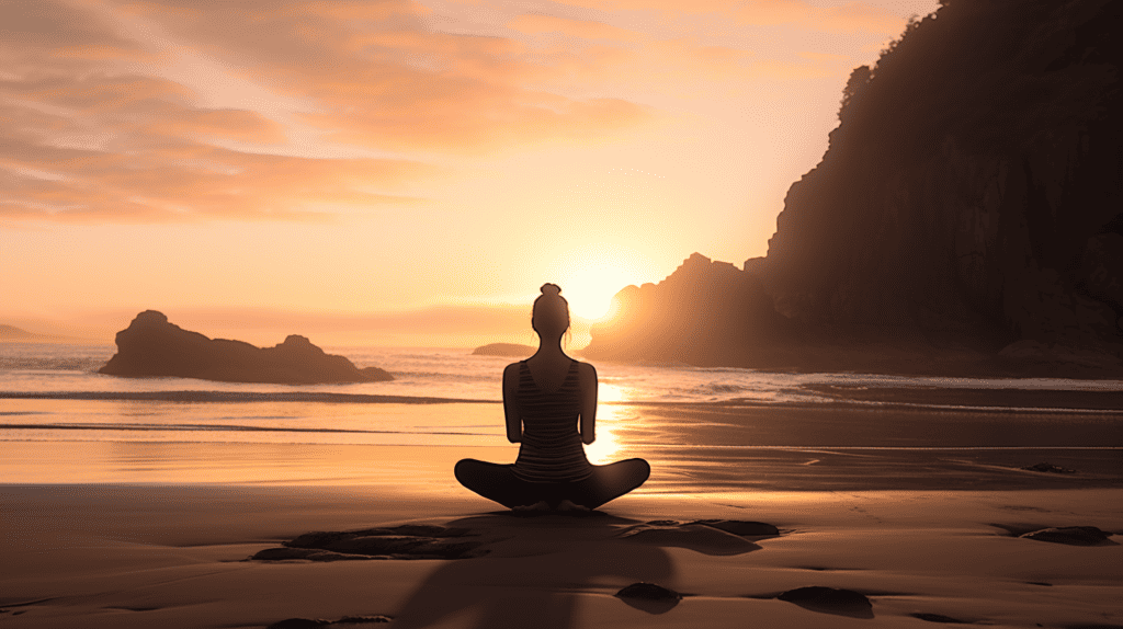 Woman meditating on the beach at sunrise.