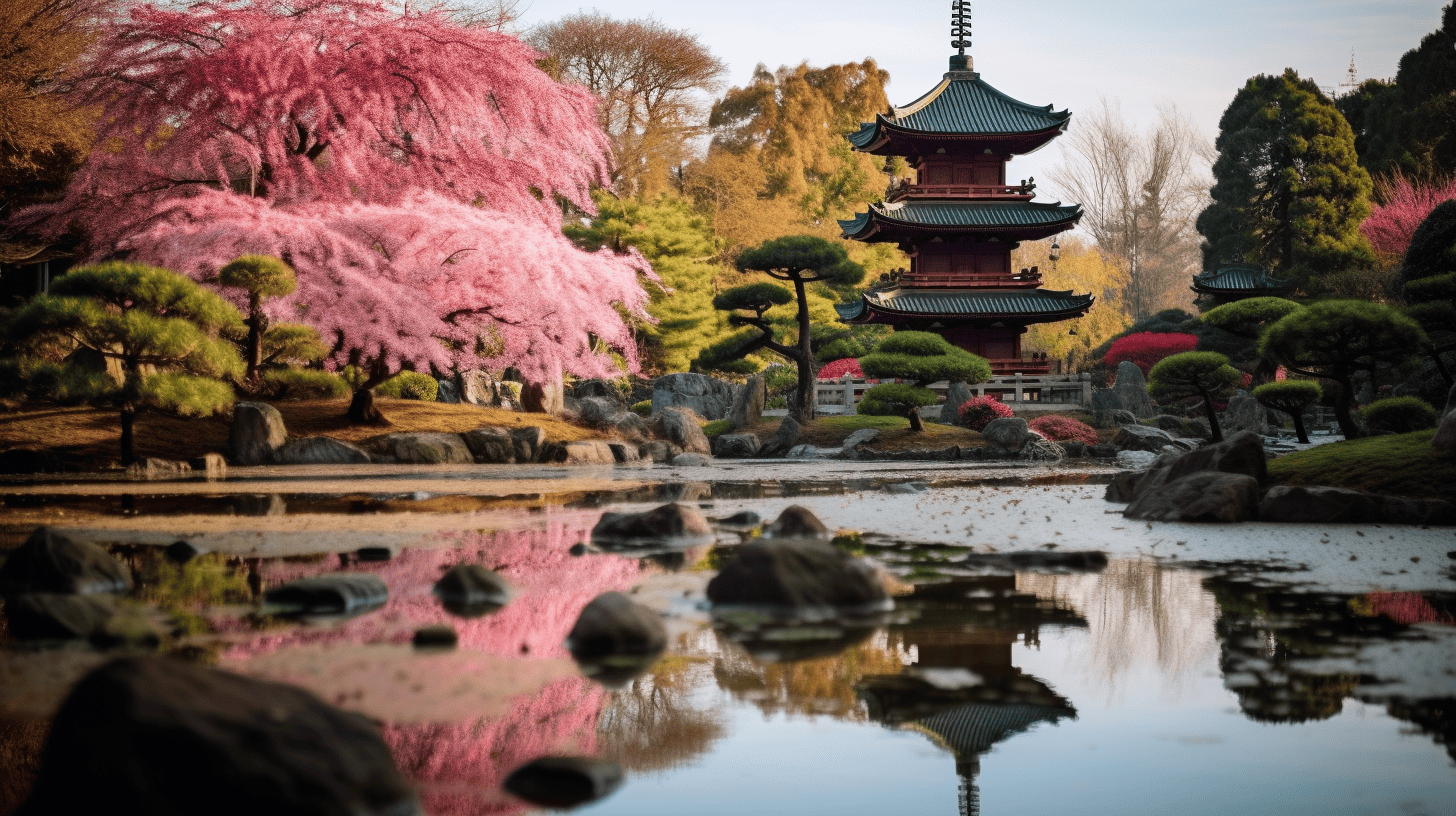 Temple with a cherry blossom tree and lake.