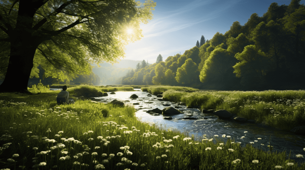 Where can I meditate, beautiful river running through a meadow and trees.
