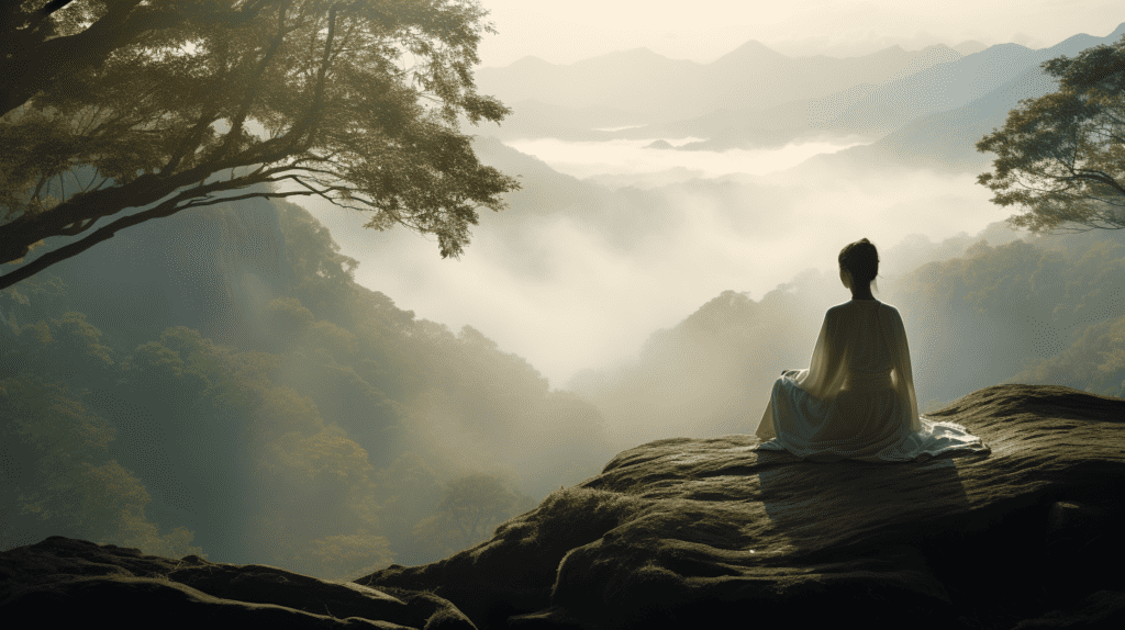 A serene mountain top with a person meditating on the cliff.