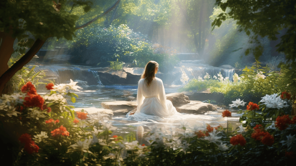 Woman out in an ethereal setting out in a garden.