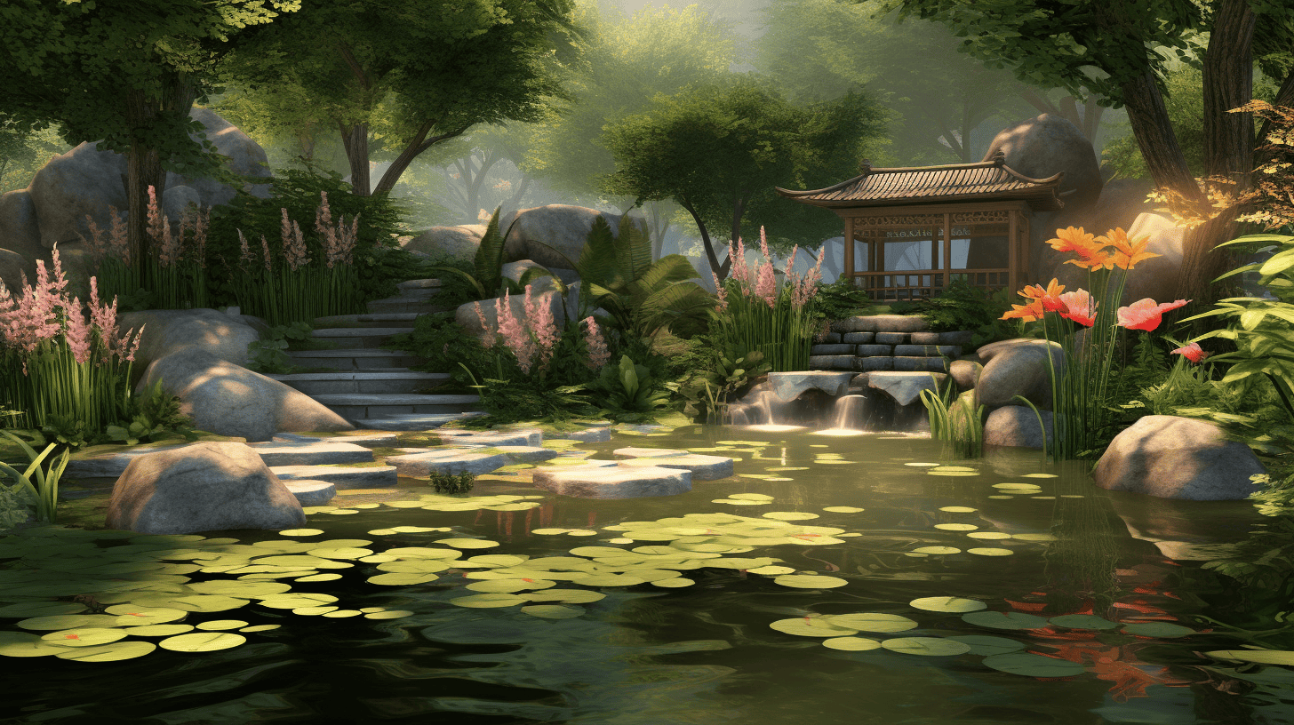 Peaceful temple with lily ponds. Meditation for social anxiety.