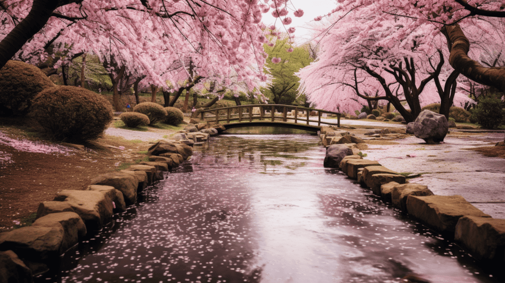 A river surrounded by cherry blossoms in Japan.