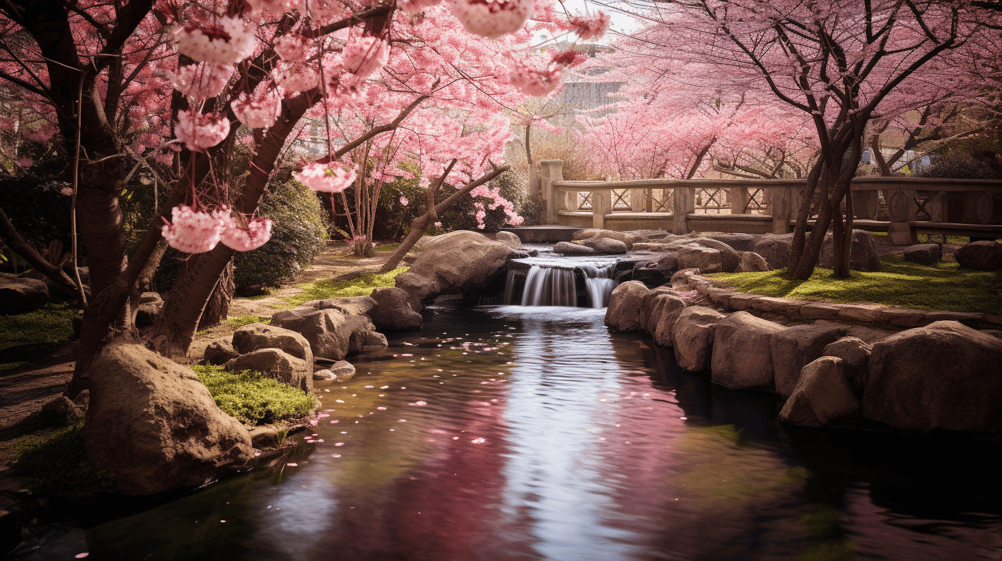 Cherry blossoms in japan at a small creek.