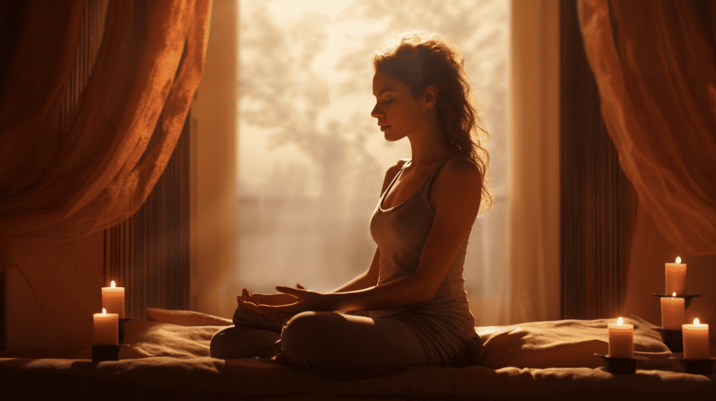Woman meditating in her bedroom.  Light is causing a sepia tone.
