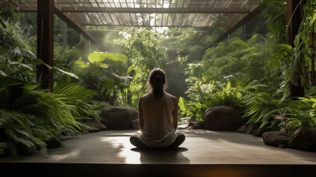 Woman meditating around plants and getting a fresh perspective about life.