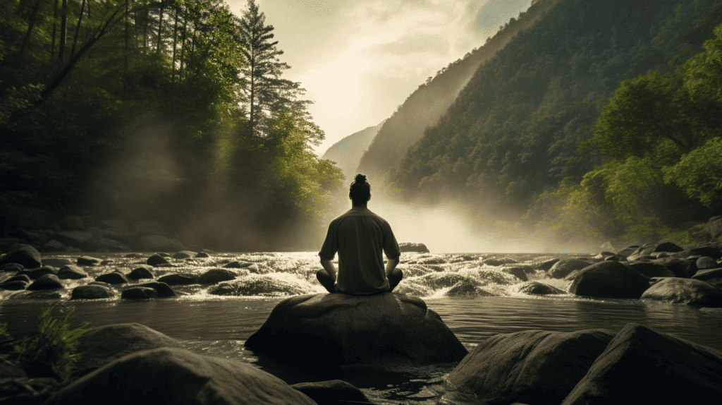 A meditation teacher sitting on a rock in the woods