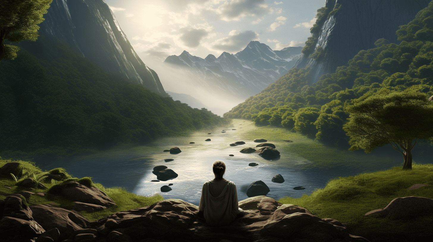 Man meditating Shamatha by a large lake between a mountain range.
