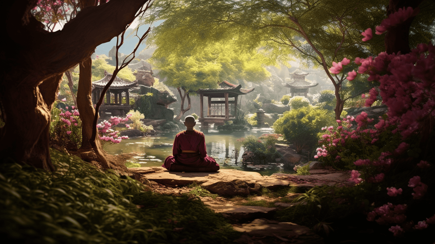 Monk sitting near a pond meditating Kinhin.