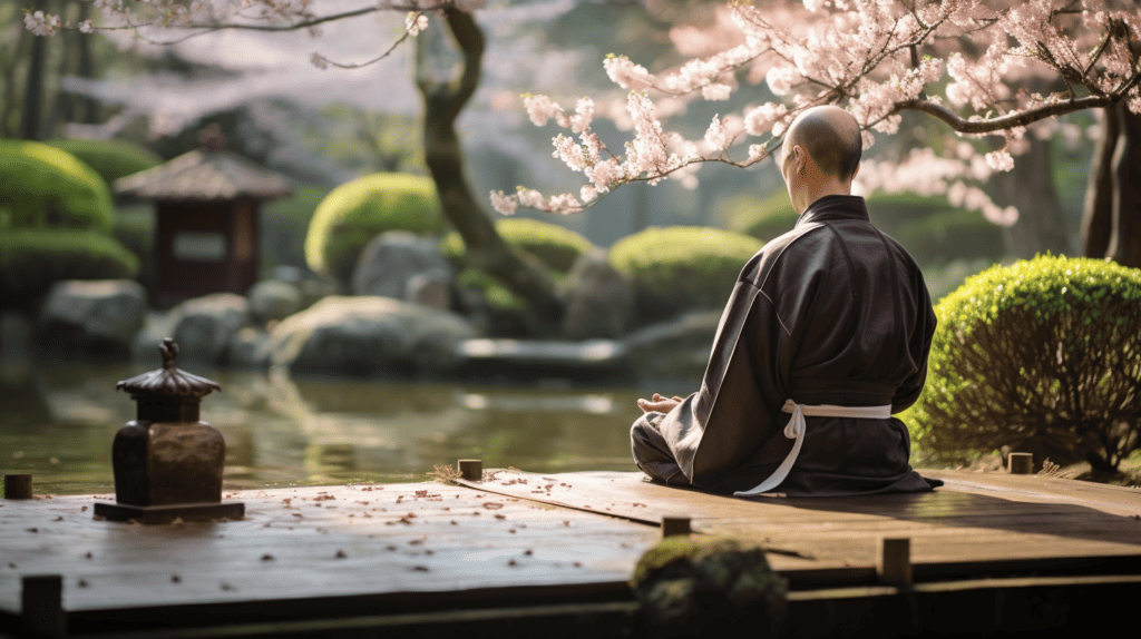 Monk meditating in a temple with a pond and cherry blossoms.