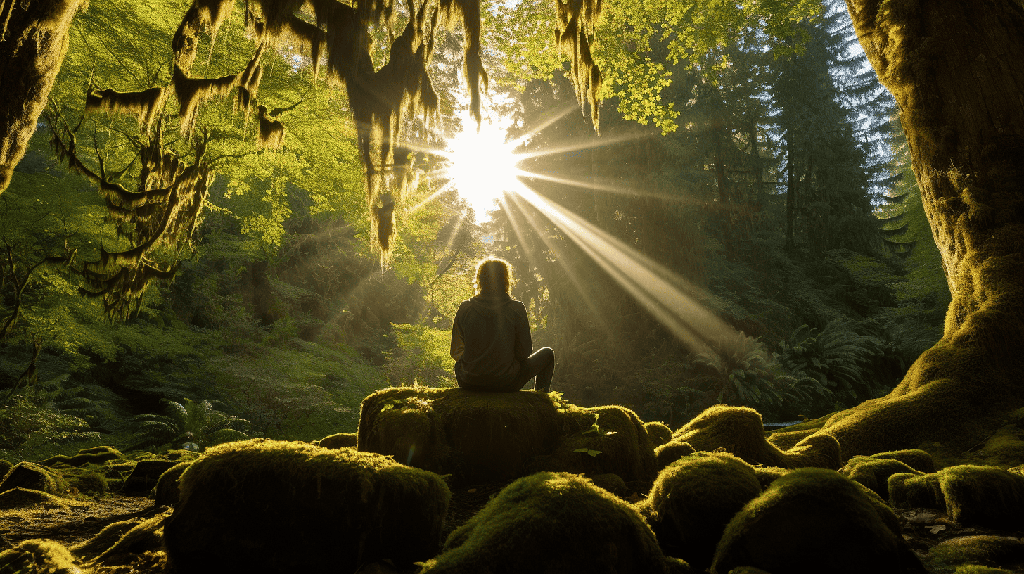 Person meditating on a stone in the forest. Grounding meditation for anxiety.