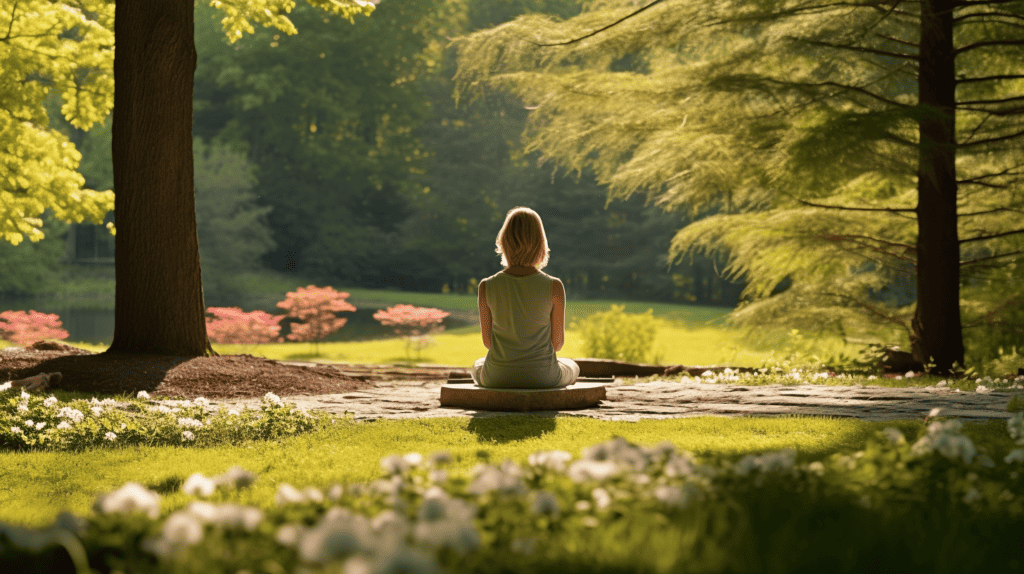 Woman in a meadow chanting mantras while meditating.