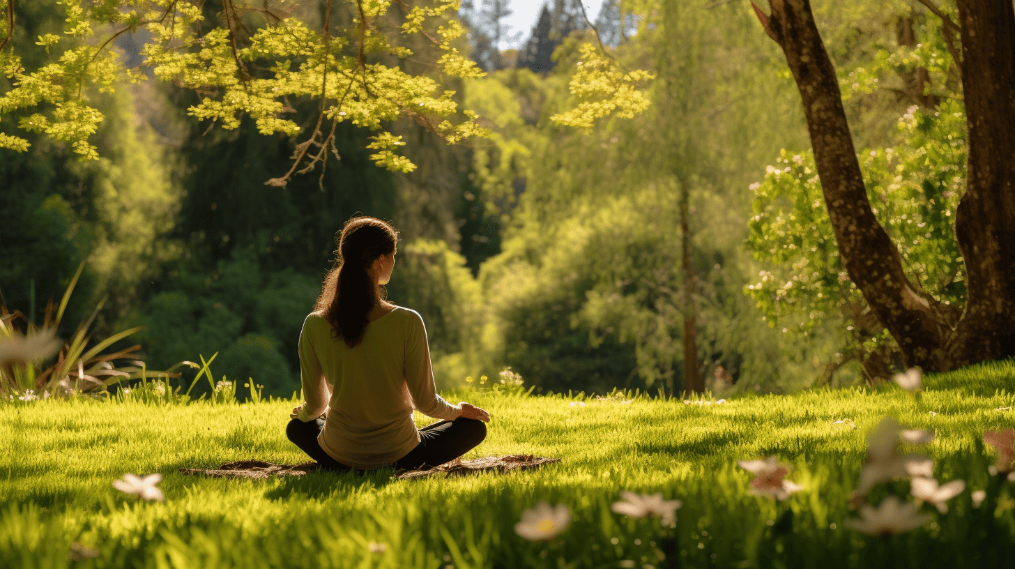 Woman meditating in a beautiful field. Loving kindness Buddhism.